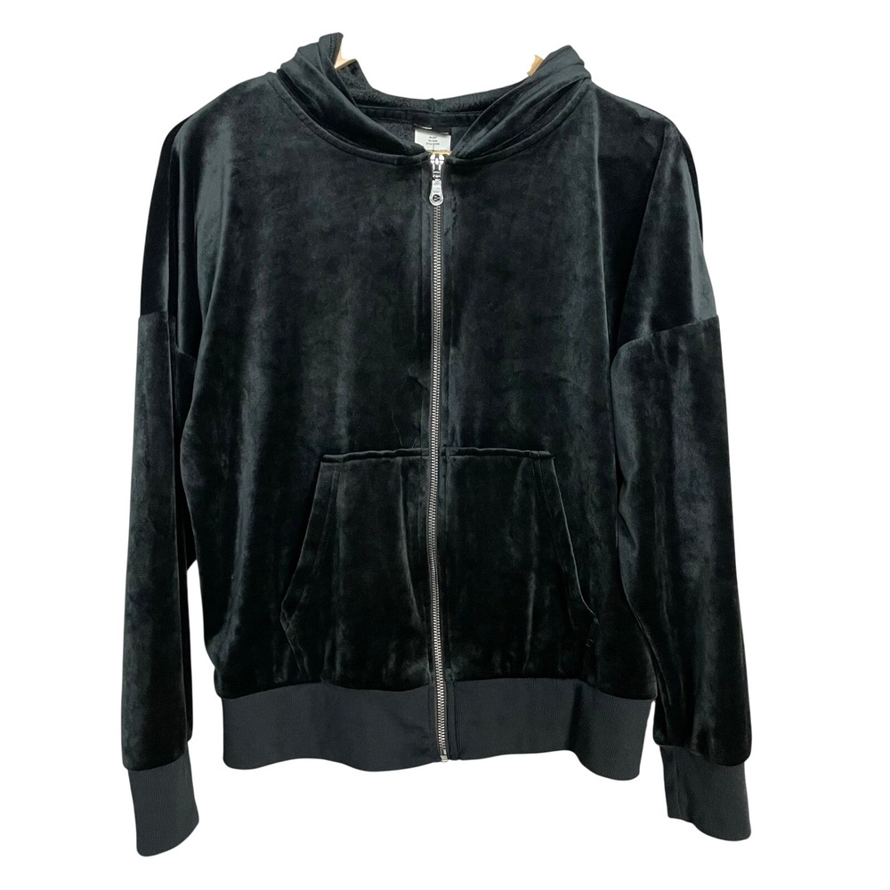 Felina Velour Zip-Up Hoodie Sweatshirt Jacket Black Pockets Women Size Medium